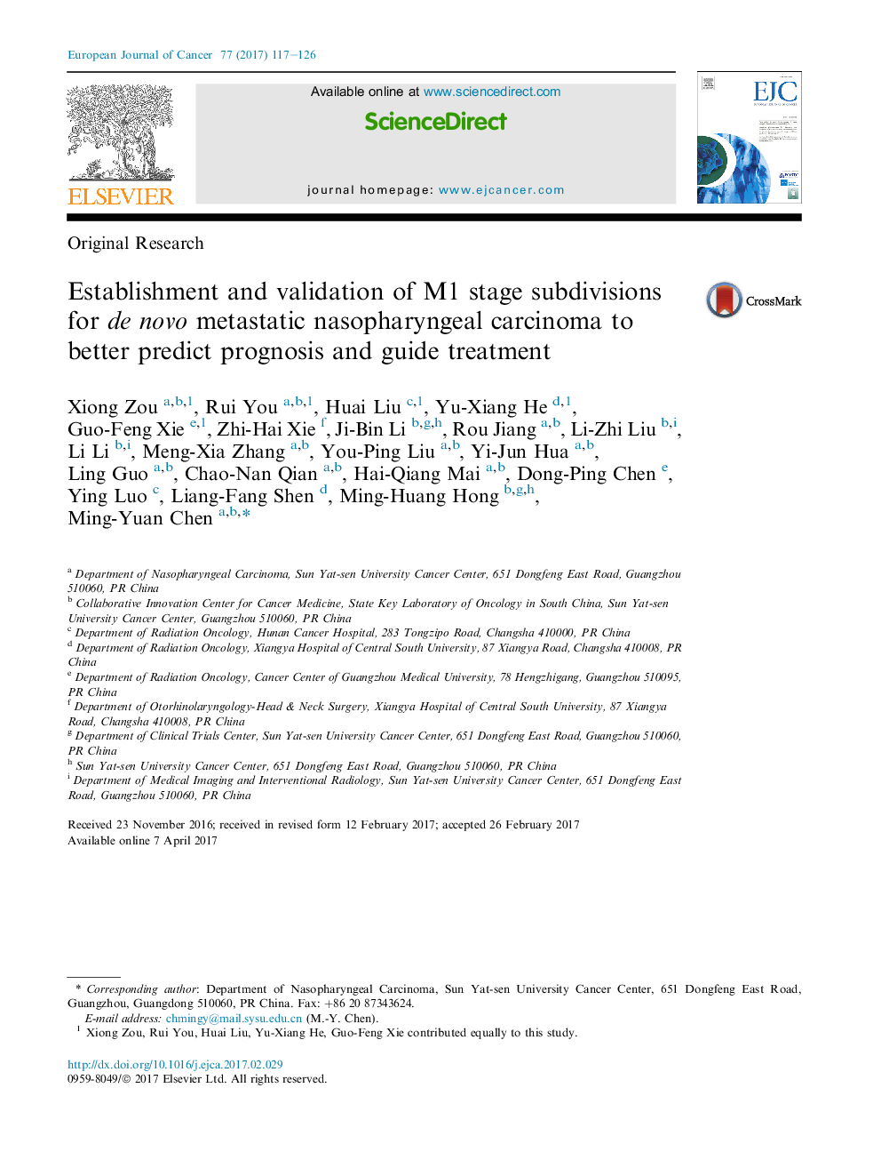 Original ResearchEstablishment and validation of M1 stage subdivisions for de novo metastatic nasopharyngeal carcinoma to better predict prognosis and guide treatment