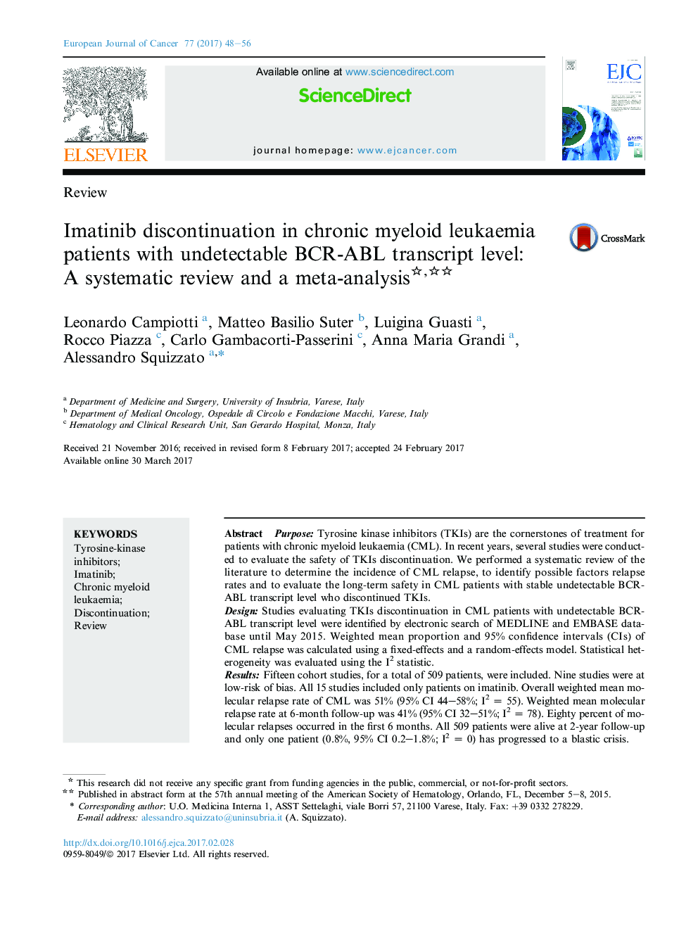 ReviewImatinib discontinuation in chronic myeloid leukaemia patients with undetectable BCR-ABL transcript level: AÂ systematic review and a meta-analysis