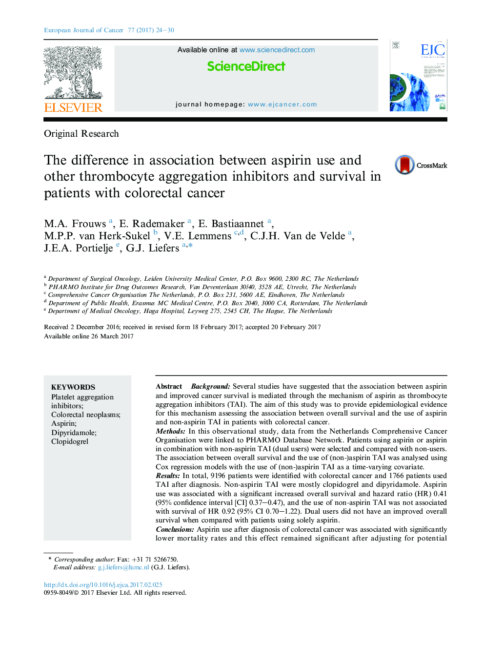 Original ResearchThe difference in association between aspirin use and other thrombocyte aggregation inhibitors and survival in patients with colorectal cancer