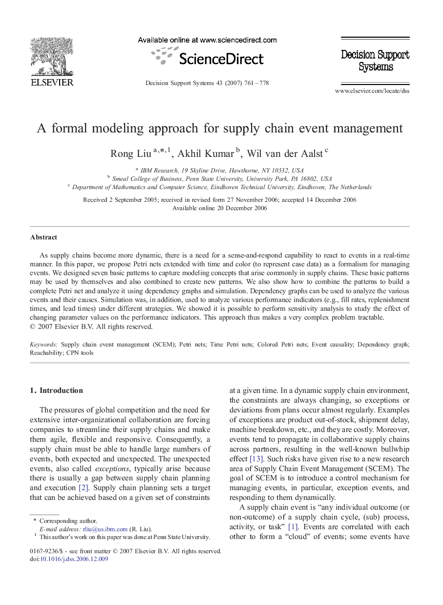 A formal modeling approach for supply chain event management