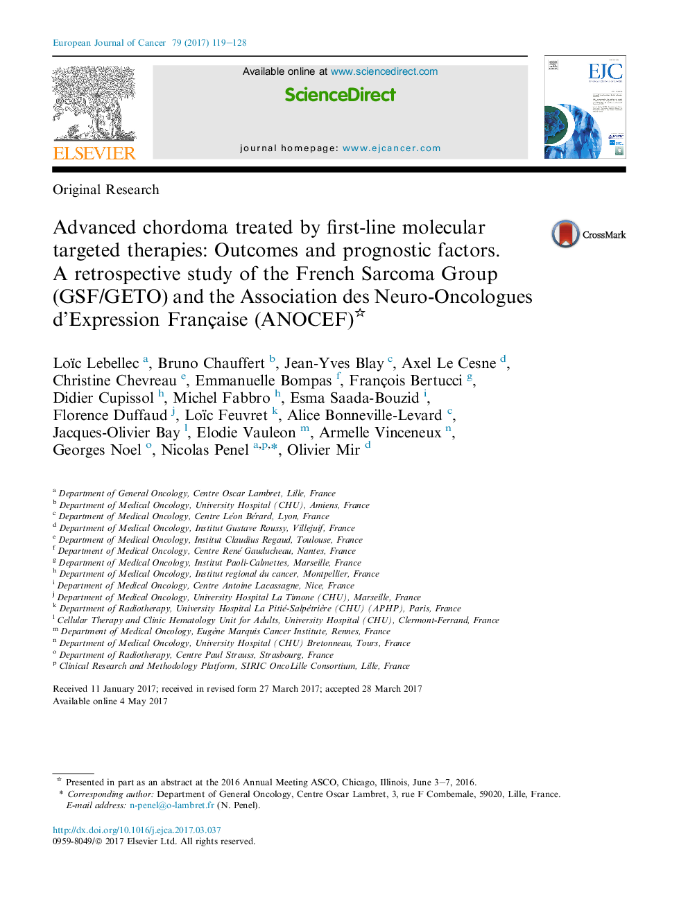 Original ResearchAdvanced chordoma treated by first-line molecular targeted therapies: Outcomes and prognostic factors. AÂ retrospective study of the French Sarcoma Group (GSF/GETO) and the Association des Neuro-Oncologues d'Expression Française (ANOCEF)