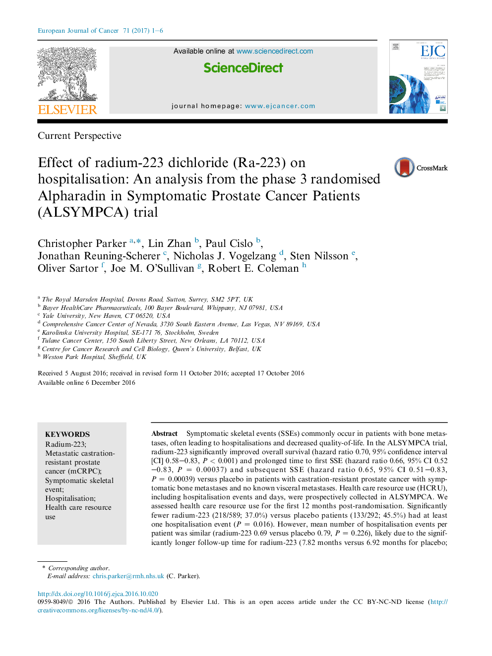 Effect of radium-223 dichloride (Ra-223) on hospitalisation: An analysis from the phase 3 randomised Alpharadin in Symptomatic Prostate Cancer Patients (ALSYMPCA) trial