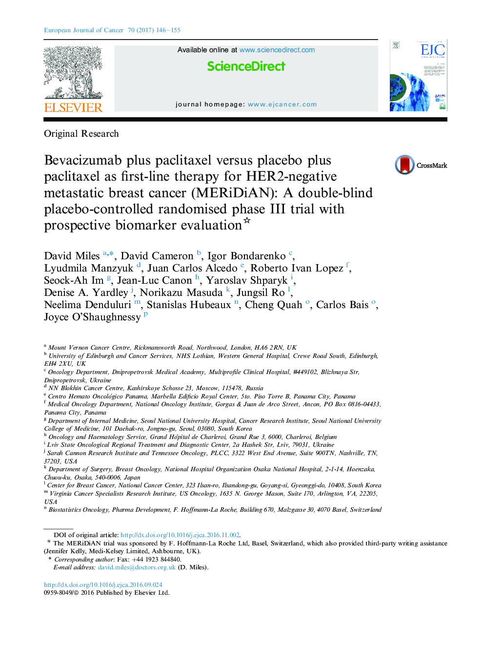 Original ResearchBevacizumab plus paclitaxel versus placebo plus paclitaxel as first-line therapy for HER2-negative metastatic breast cancer (MERiDiAN): A double-blind placebo-controlled randomised phase III trial with prospective biomarker evaluation