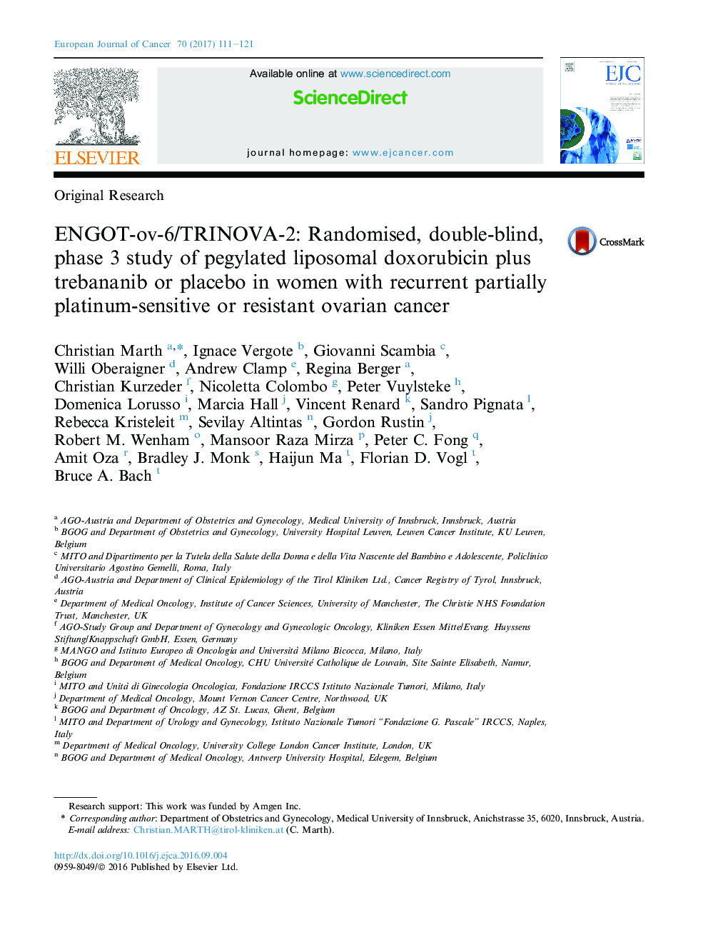 Original ResearchENGOT-ov-6/TRINOVA-2: Randomised, double-blind, phase 3 study of pegylated liposomal doxorubicin plus trebananib or placebo in women with recurrent partially platinum-sensitive or resistant ovarian cancer