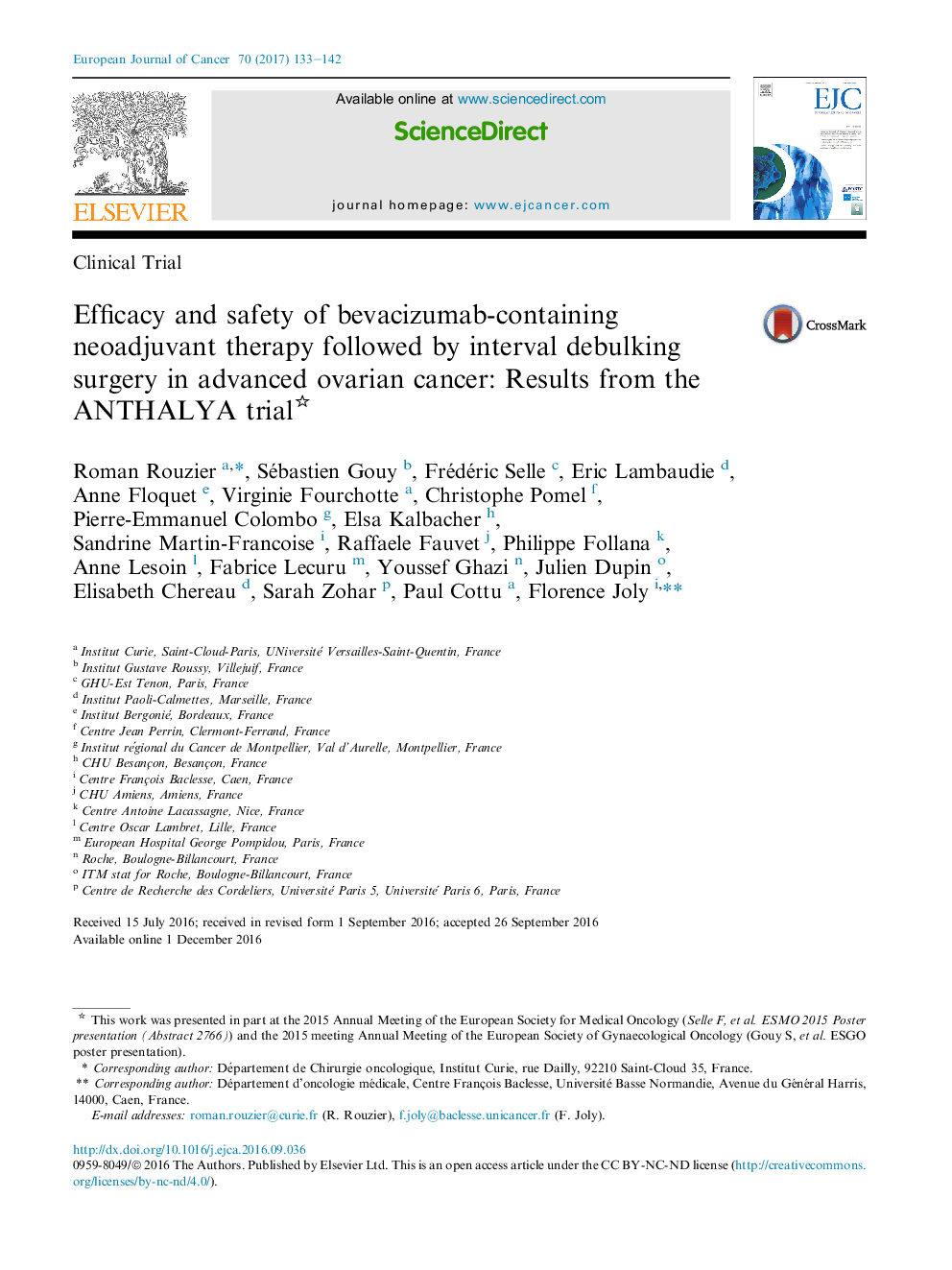 Efficacy and safety of bevacizumab-containing neoadjuvant therapy followed by interval debulking surgery in advanced ovarian cancer: Results from the ANTHALYA trial