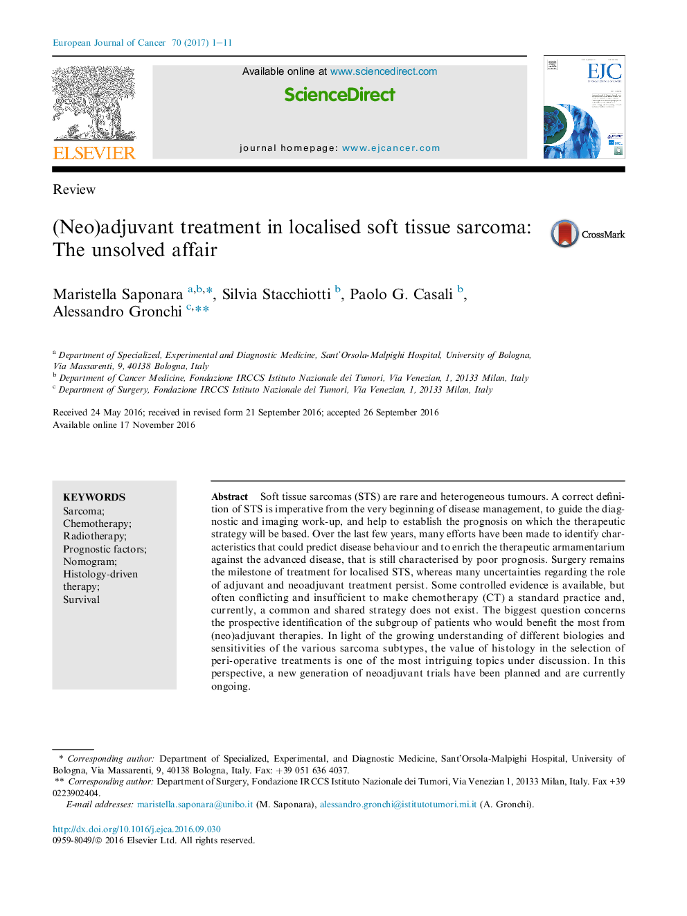 Review(Neo)adjuvant treatment in localised soft tissue sarcoma: The unsolved affair