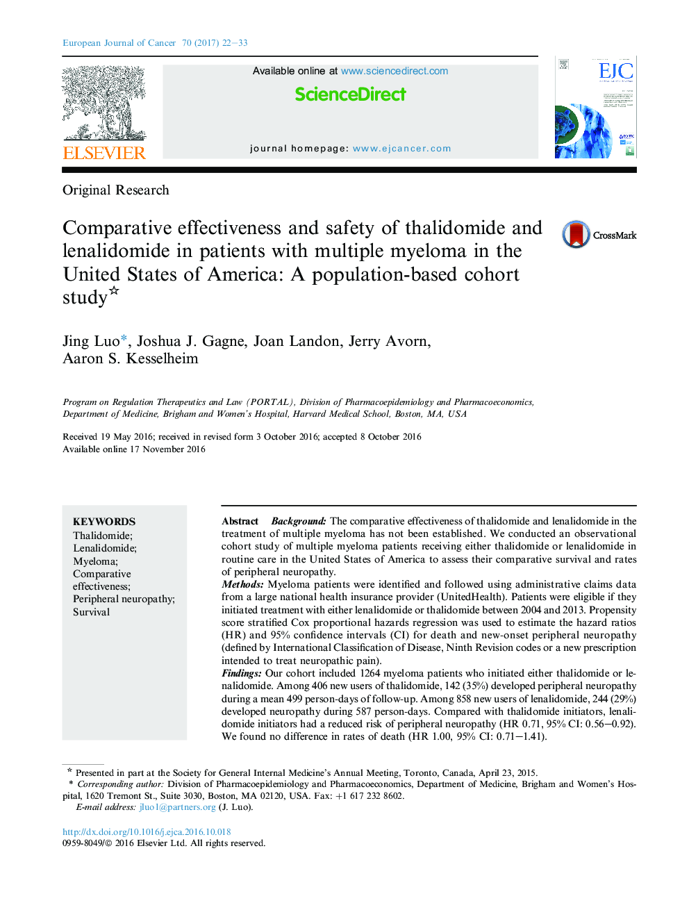 Original ResearchComparative effectiveness and safety of thalidomide and lenalidomide in patients with multiple myeloma in the United States of America: A population-based cohort study