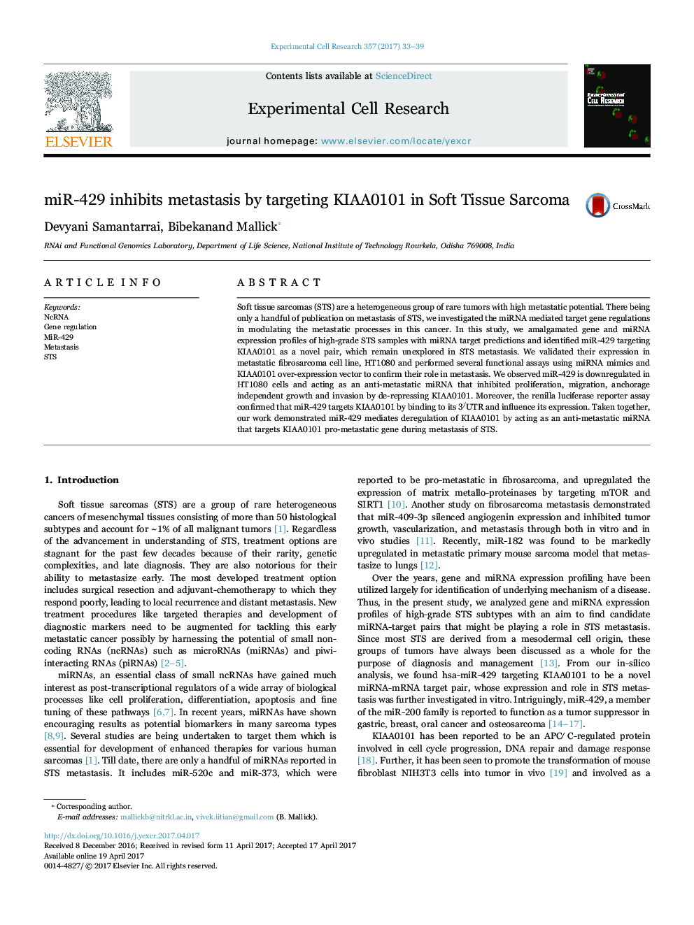 miR-429 inhibits metastasis by targeting KIAA0101 in Soft Tissue Sarcoma