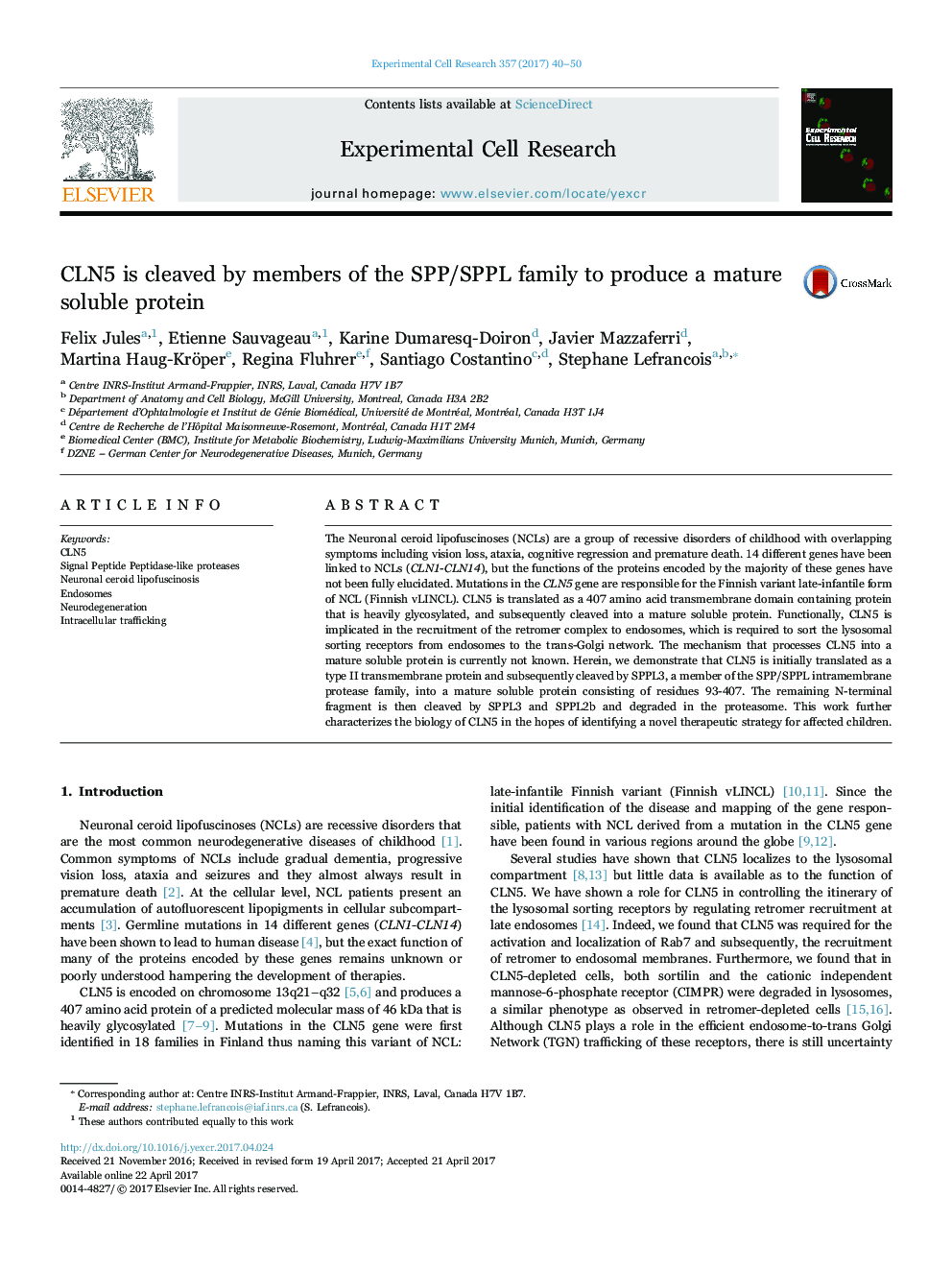 CLN5 is cleaved by members of the SPP/SPPL family to produce a mature soluble protein