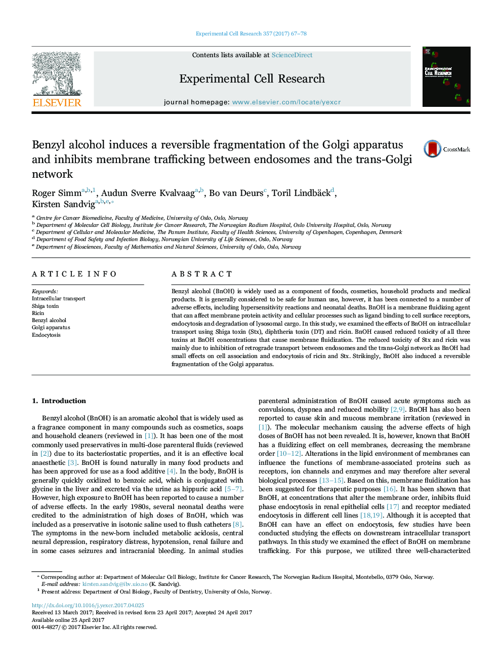 Benzyl alcohol induces a reversible fragmentation of the Golgi apparatus and inhibits membrane trafficking between endosomes and the trans-Golgi network