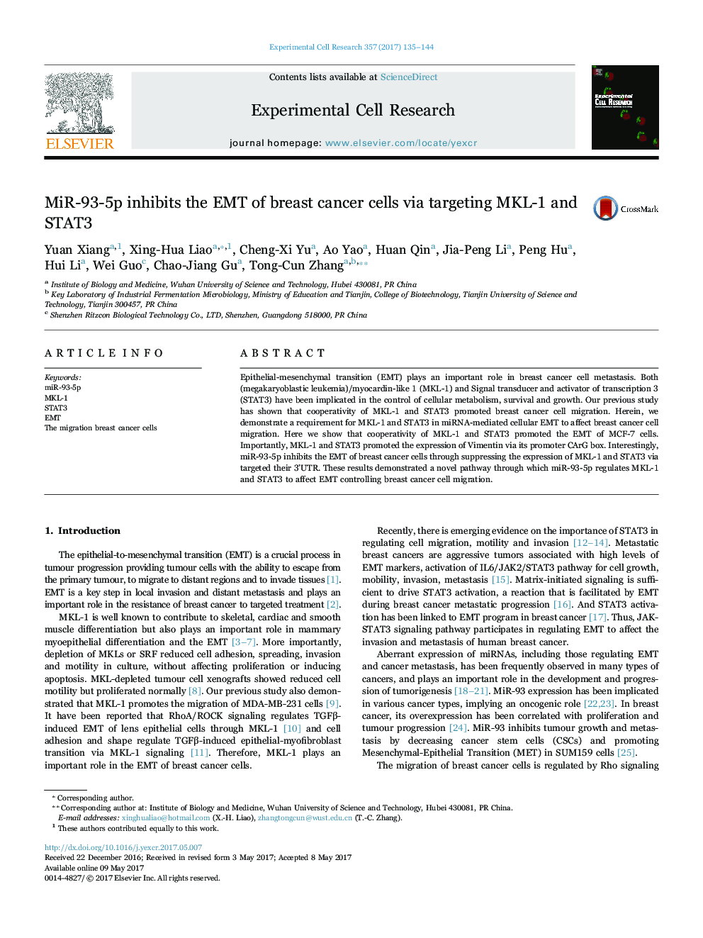 MiR-93-5p inhibits the EMT of breast cancer cells via targeting MKL-1 and STAT3