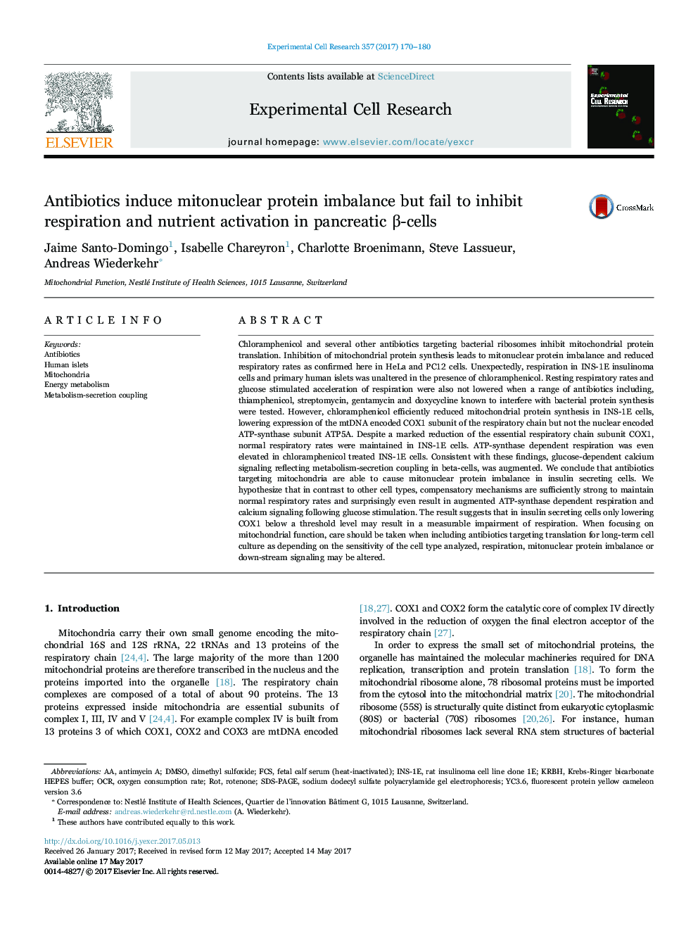 Antibiotics induce mitonuclear protein imbalance but fail to inhibit respiration and nutrient activation in pancreatic Î²-cells