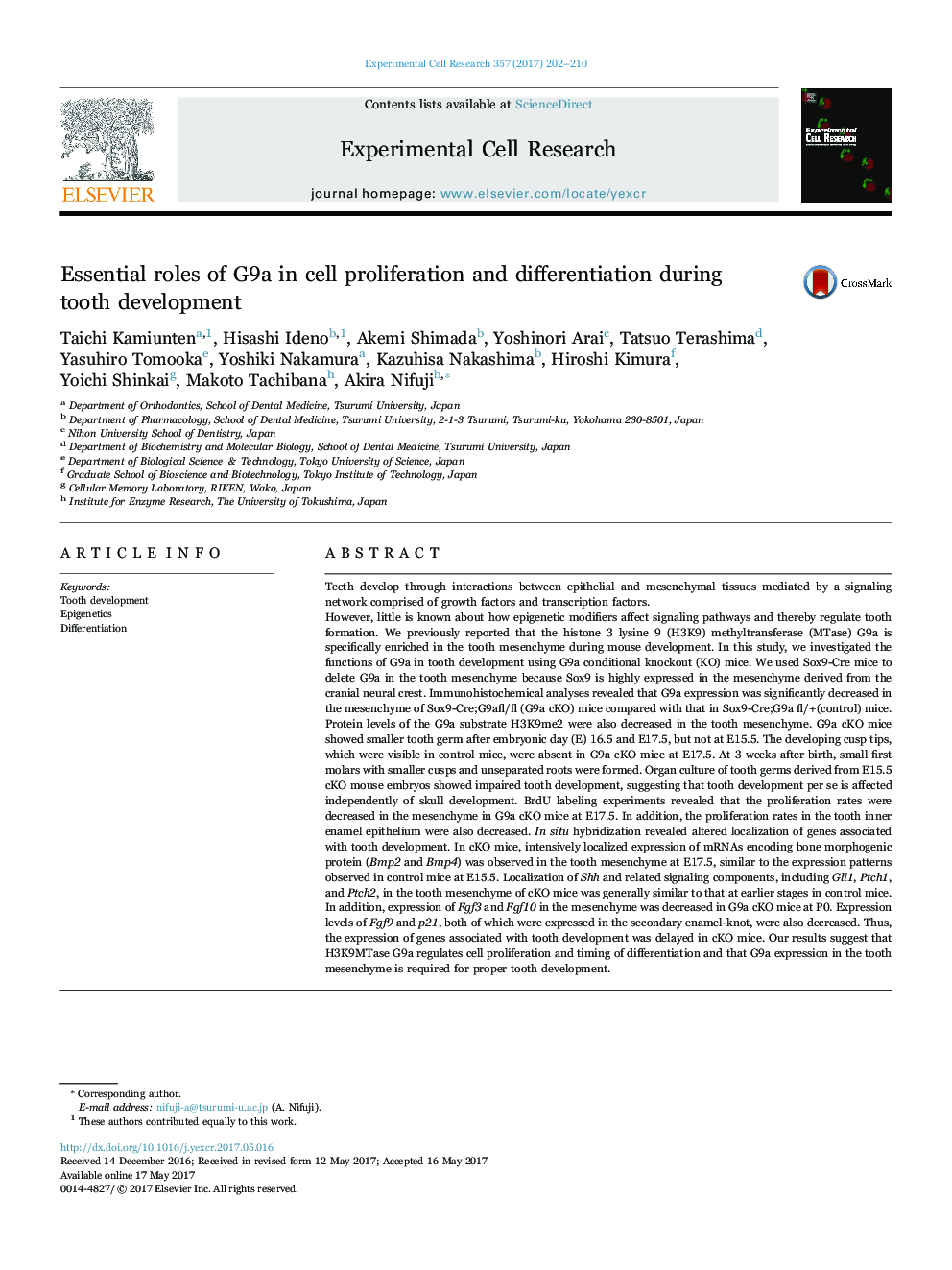 Essential roles of G9a in cell proliferation and differentiation during tooth development