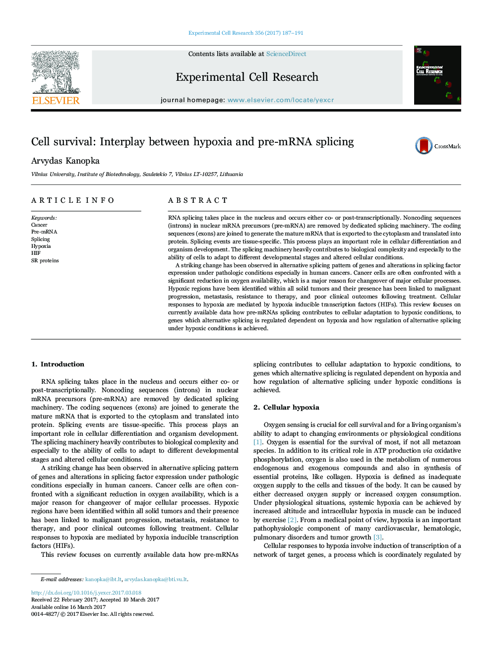 Cell survival: Interplay between hypoxia and pre-mRNA splicing