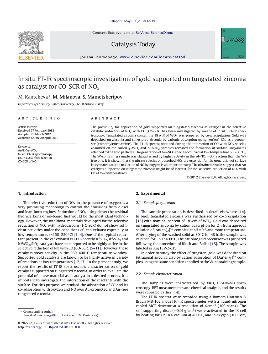 In situ FT-IR spectroscopic investigation of gold supported on tungstated zirconia as catalyst for CO-SCR of NOx