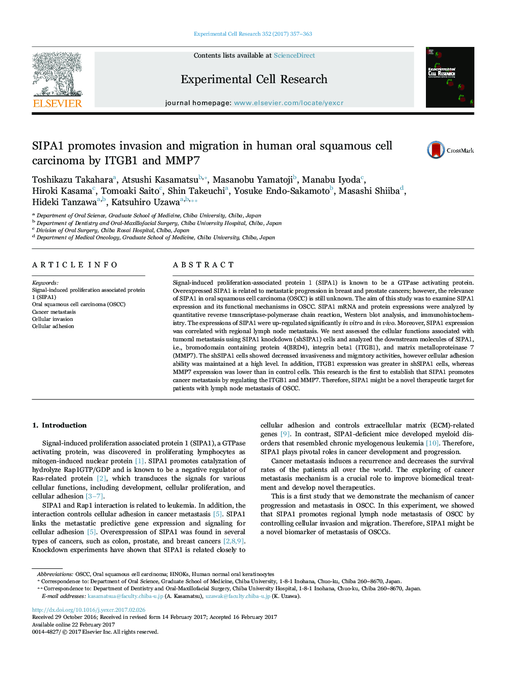 SIPA1 promotes invasion and migration in human oral squamous cell carcinoma by ITGB1 and MMP7