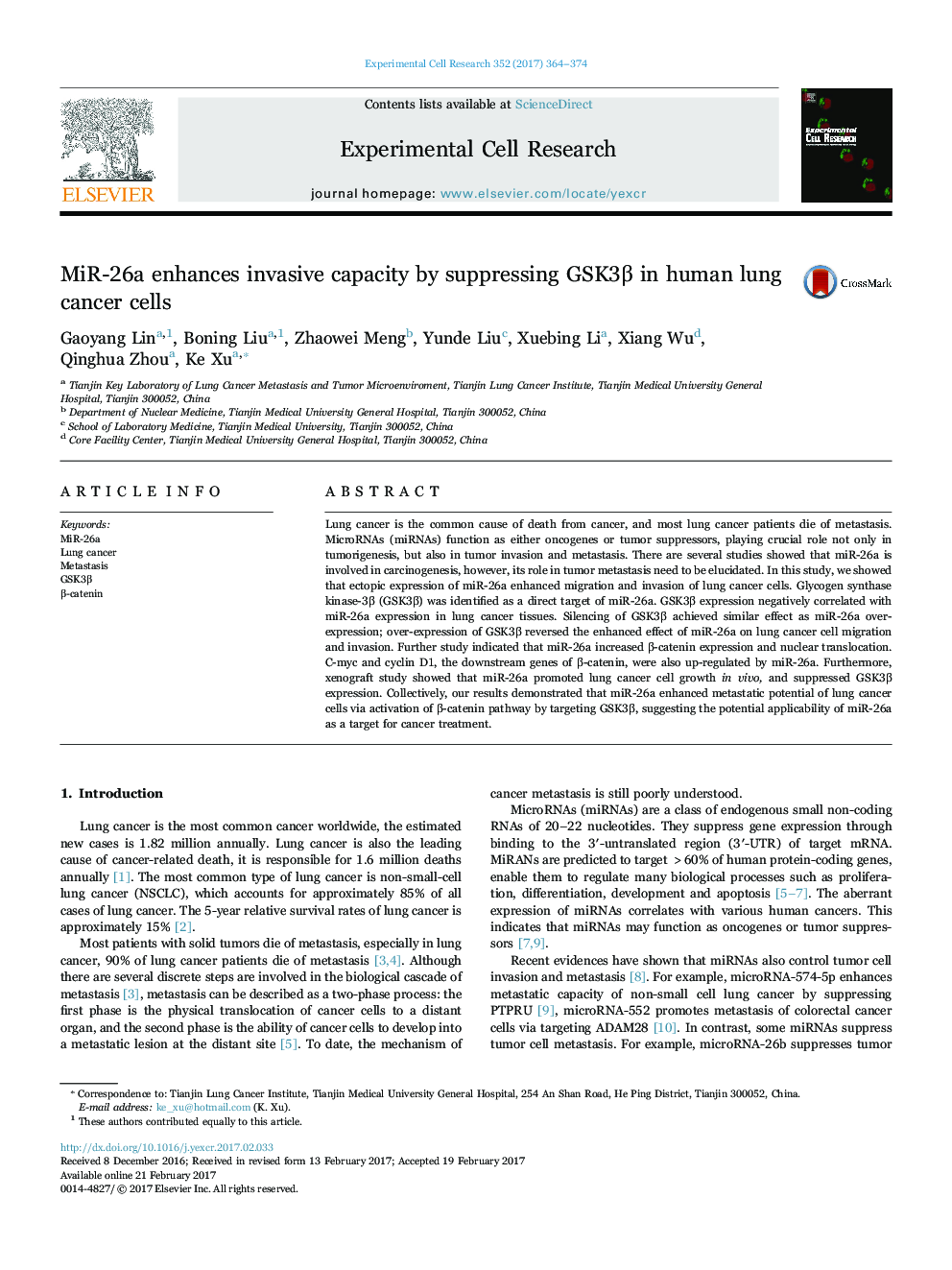 MiR-26a enhances invasive capacity by suppressing GSK3Î² in human lung cancer cells