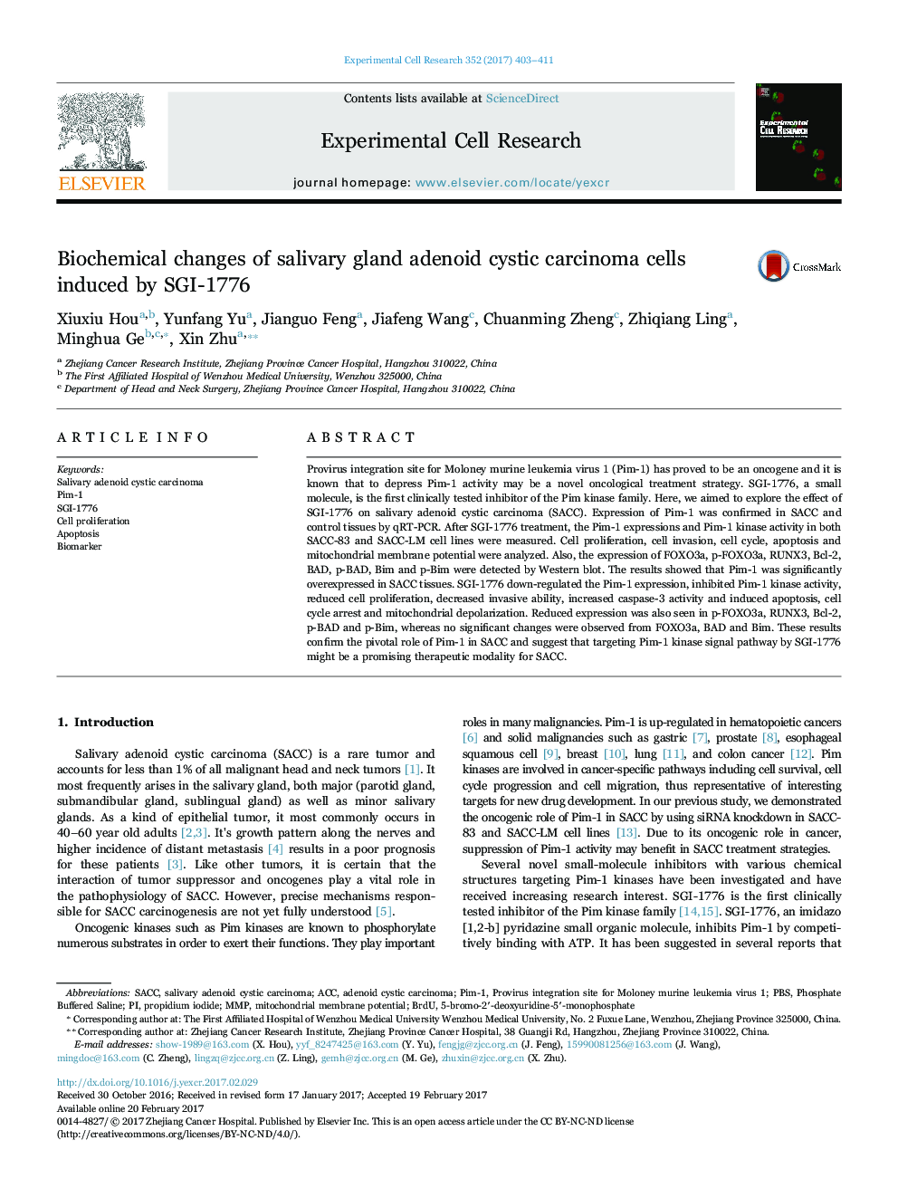 Biochemical changes of salivary gland adenoid cystic carcinoma cells induced by SGI-1776