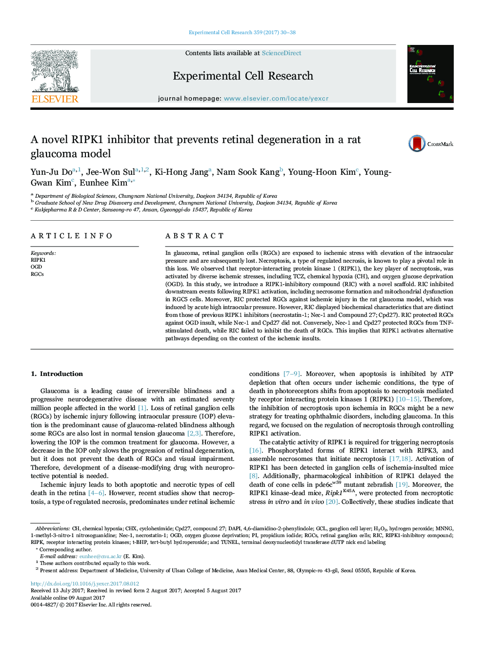 A novel RIPK1 inhibitor that prevents retinal degeneration in a rat glaucoma model