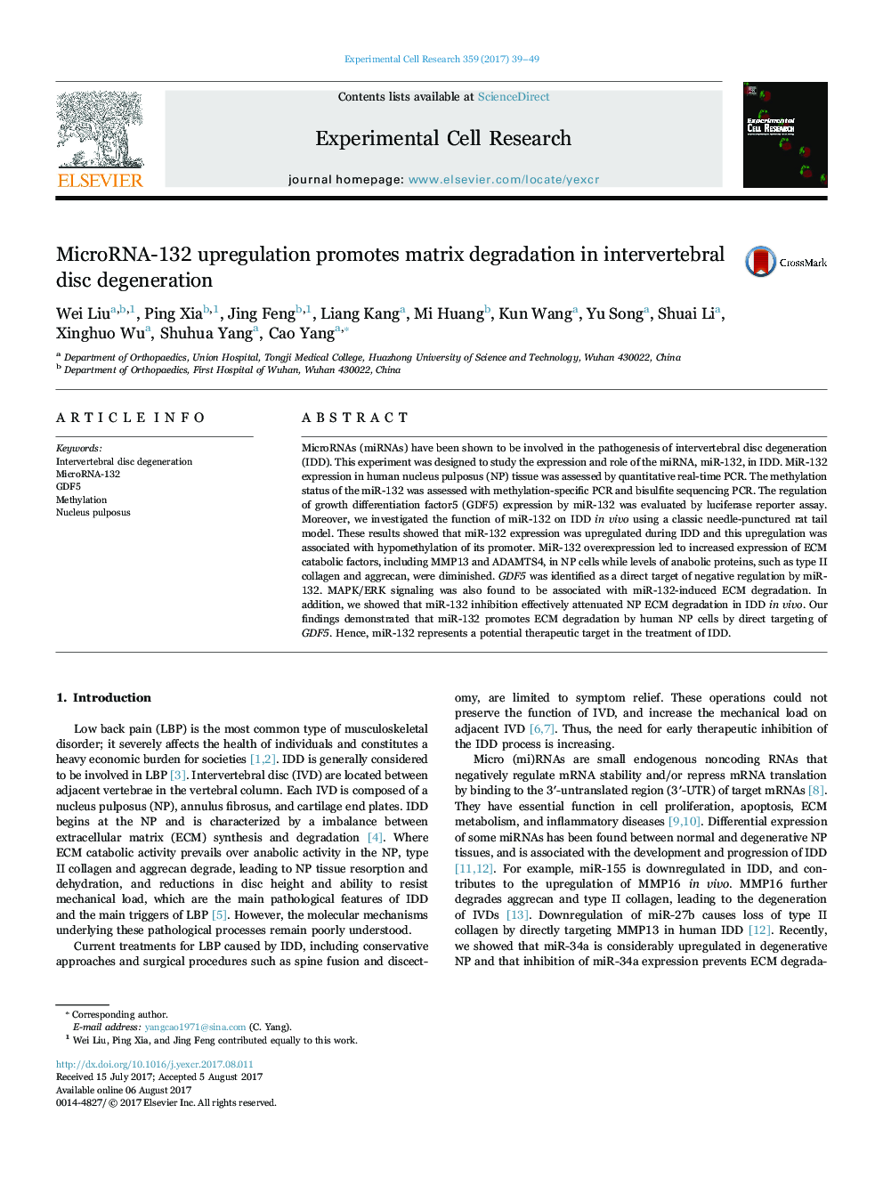 MicroRNA-132 upregulation promotes matrix degradation in intervertebral disc degeneration