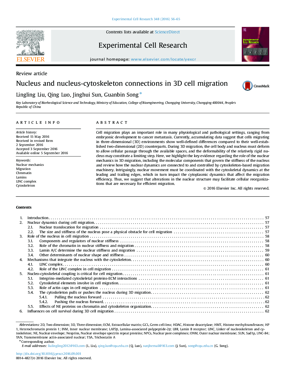 عکس صفحه اول مقاله: Review articleNucleus and nucleus-cytoskeleton connections in 3D cell migration Review articleNucleus and nucleus-cytoskeleton connections in 3D cell migration