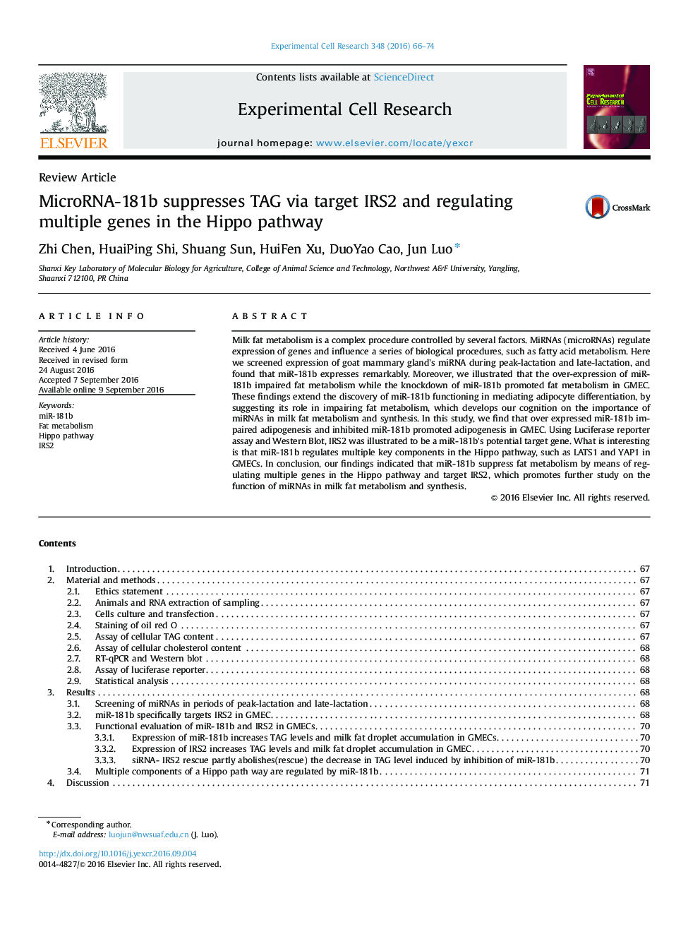 Review ArticleMicroRNA-181b suppresses TAG via target IRS2 and regulating multiple genes in the Hippo pathway