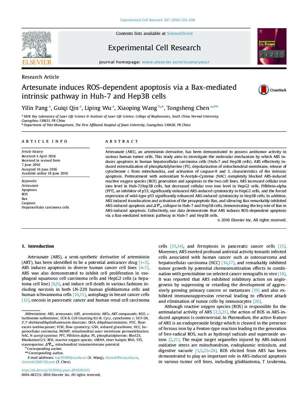 Research ArticleArtesunate induces ROS-dependent apoptosis via a Bax-mediated intrinsic pathway in Huh-7 and Hep3B cells