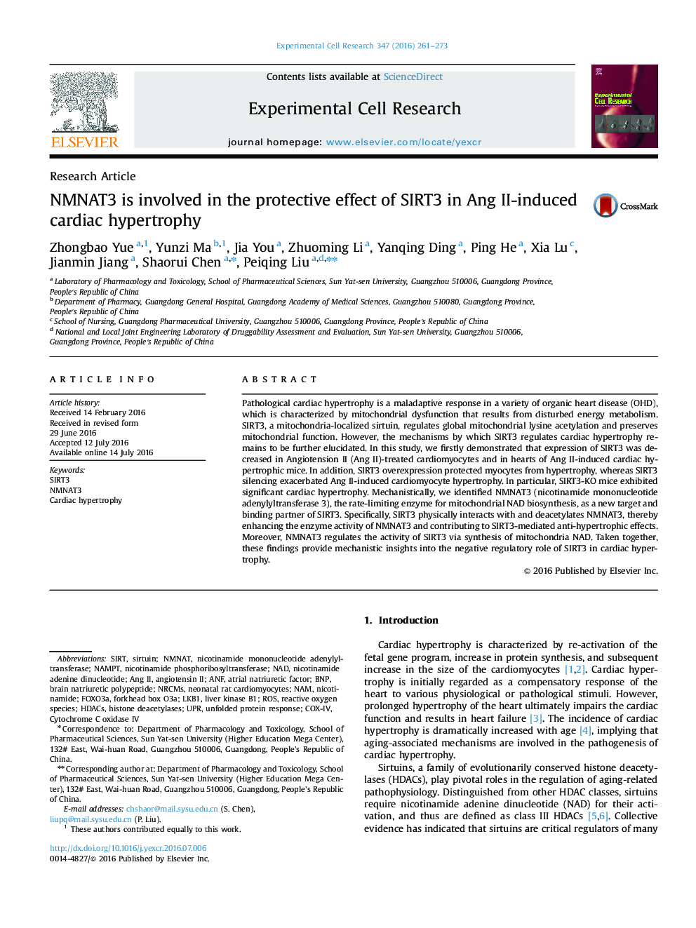 Research ArticleNMNAT3 is involved in the protective effect of SIRT3 in Ang II-induced cardiac hypertrophy