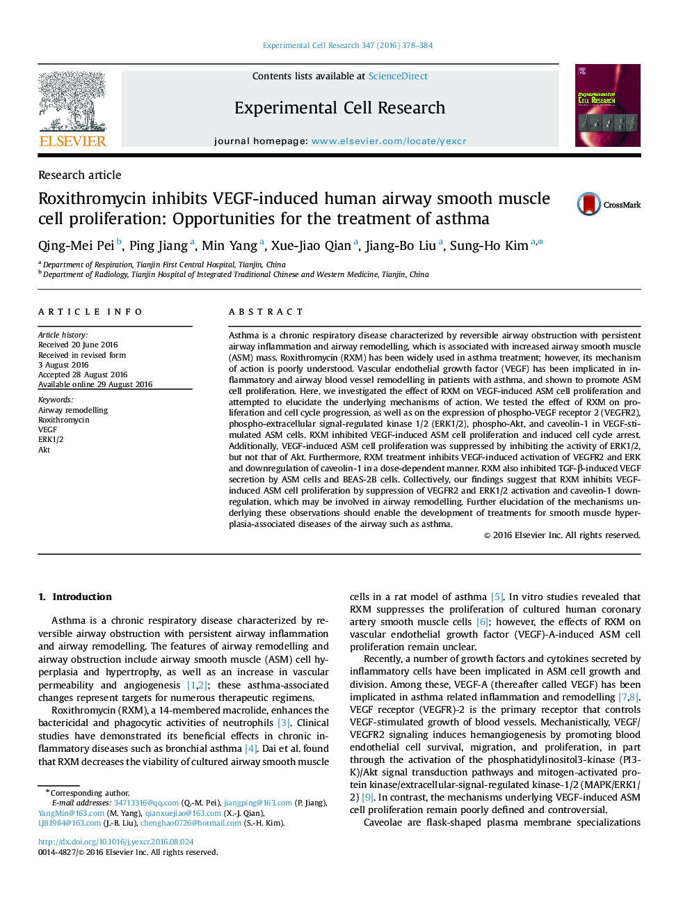 Research articleRoxithromycin inhibits VEGF-induced human airway smooth muscle cell proliferation: Opportunities for the treatment of asthma