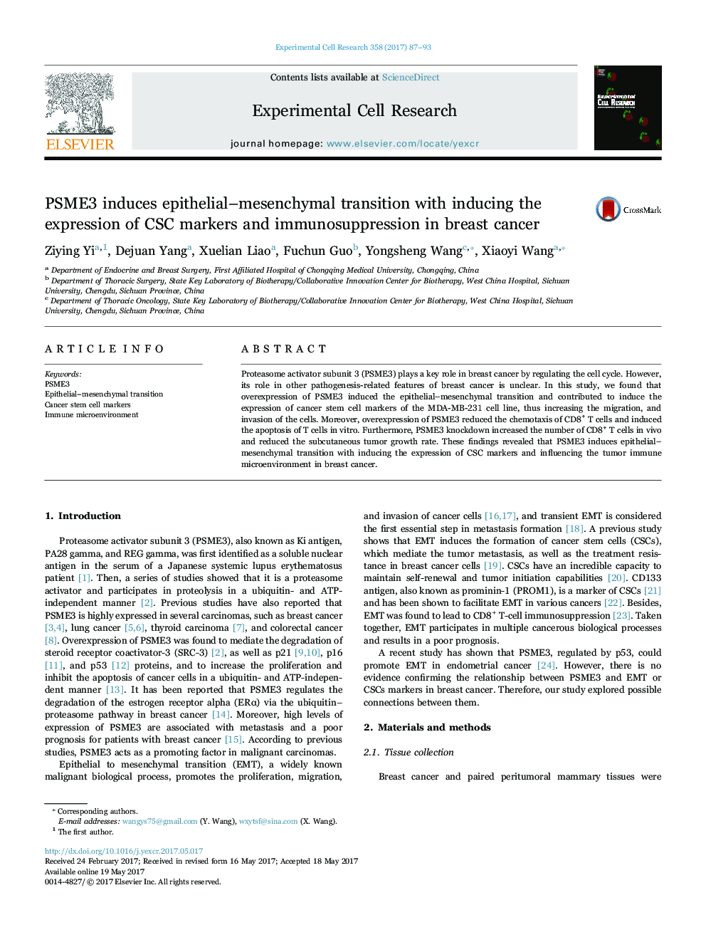 PSME3 induces epithelial-mesenchymal transition with inducing the expression of CSC markers and immunosuppression in breast cancer