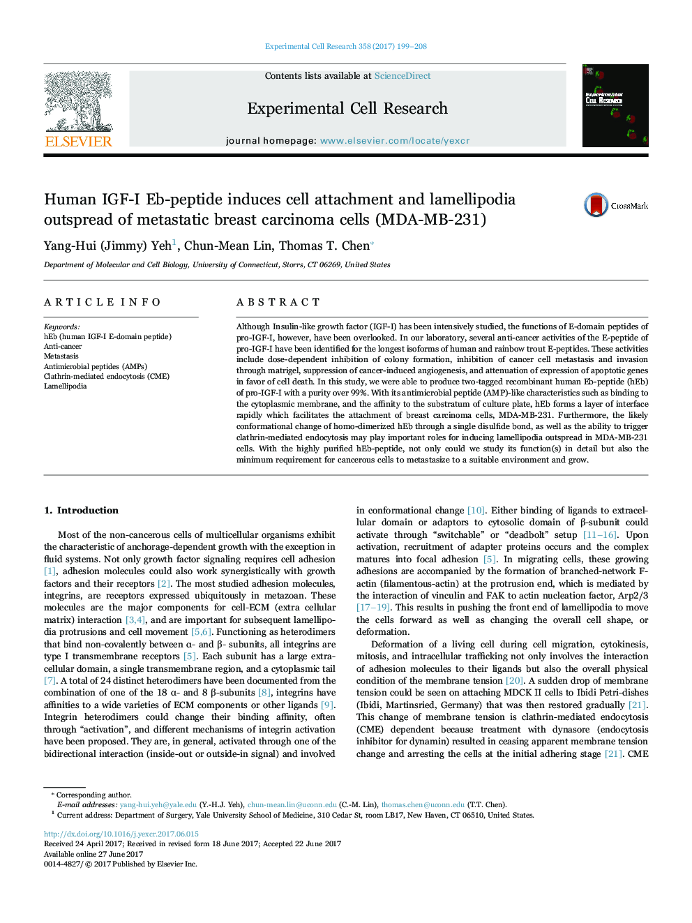 Human IGF-I Eb-peptide induces cell attachment and lamellipodia outspread of metastatic breast carcinoma cells (MDA-MB-231)