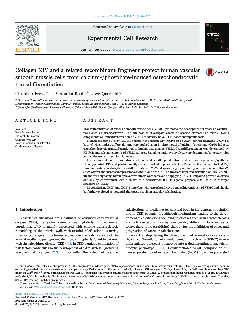 Collagen XIV and a related recombinant fragment protect human vascular smooth muscle cells from calcium-/phosphate-induced osteochondrocytic transdifferentiation