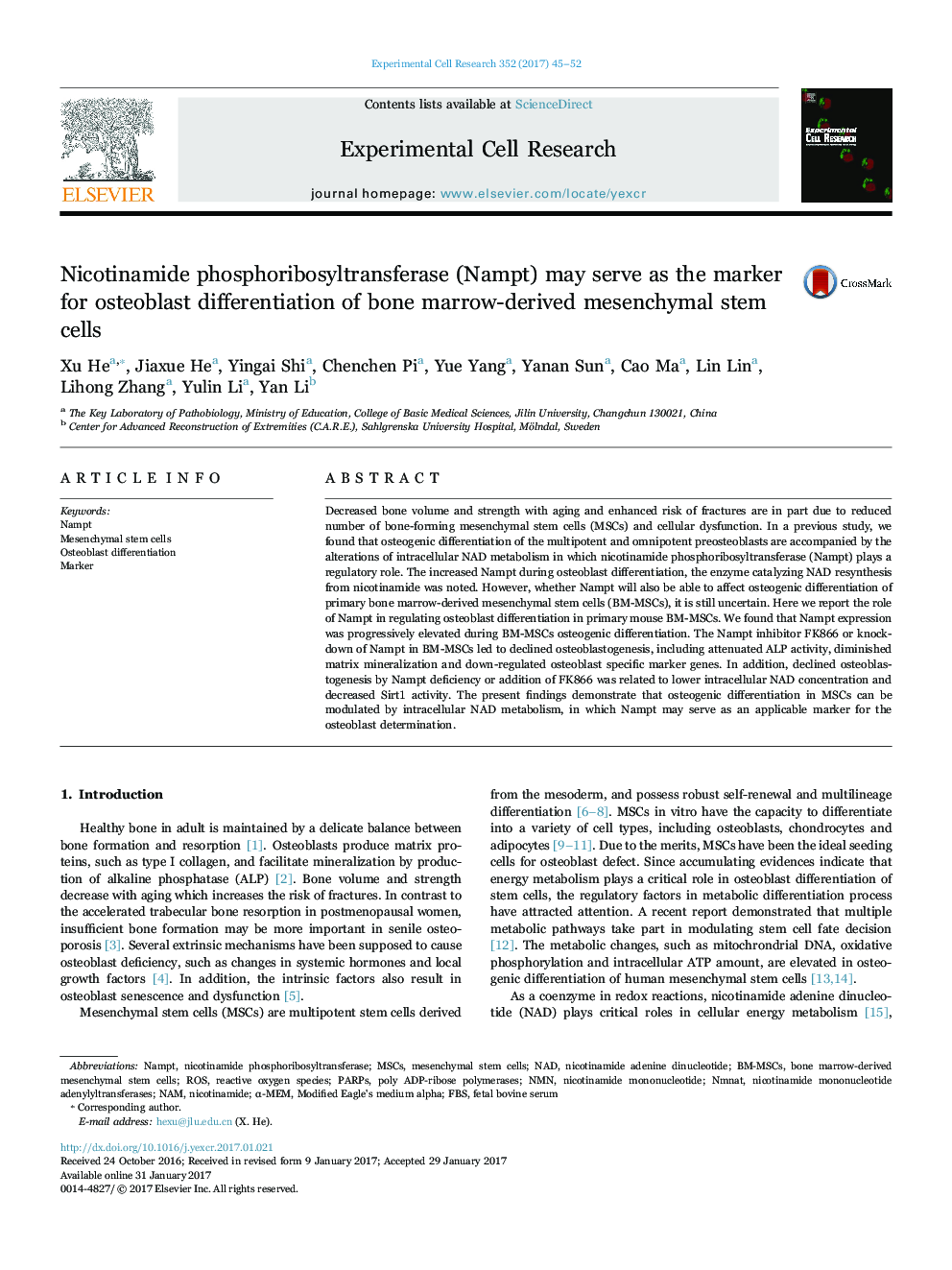 Nicotinamide phosphoribosyltransferase (Nampt) may serve as the marker for osteoblast differentiation of bone marrow-derived mesenchymal stem cells