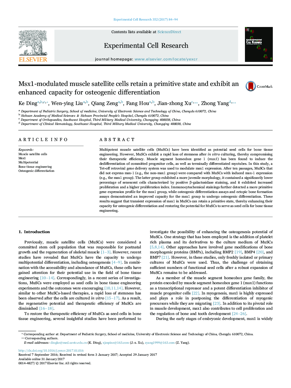 Msx1-modulated muscle satellite cells retain a primitive state and exhibit an enhanced capacity for osteogenic differentiation