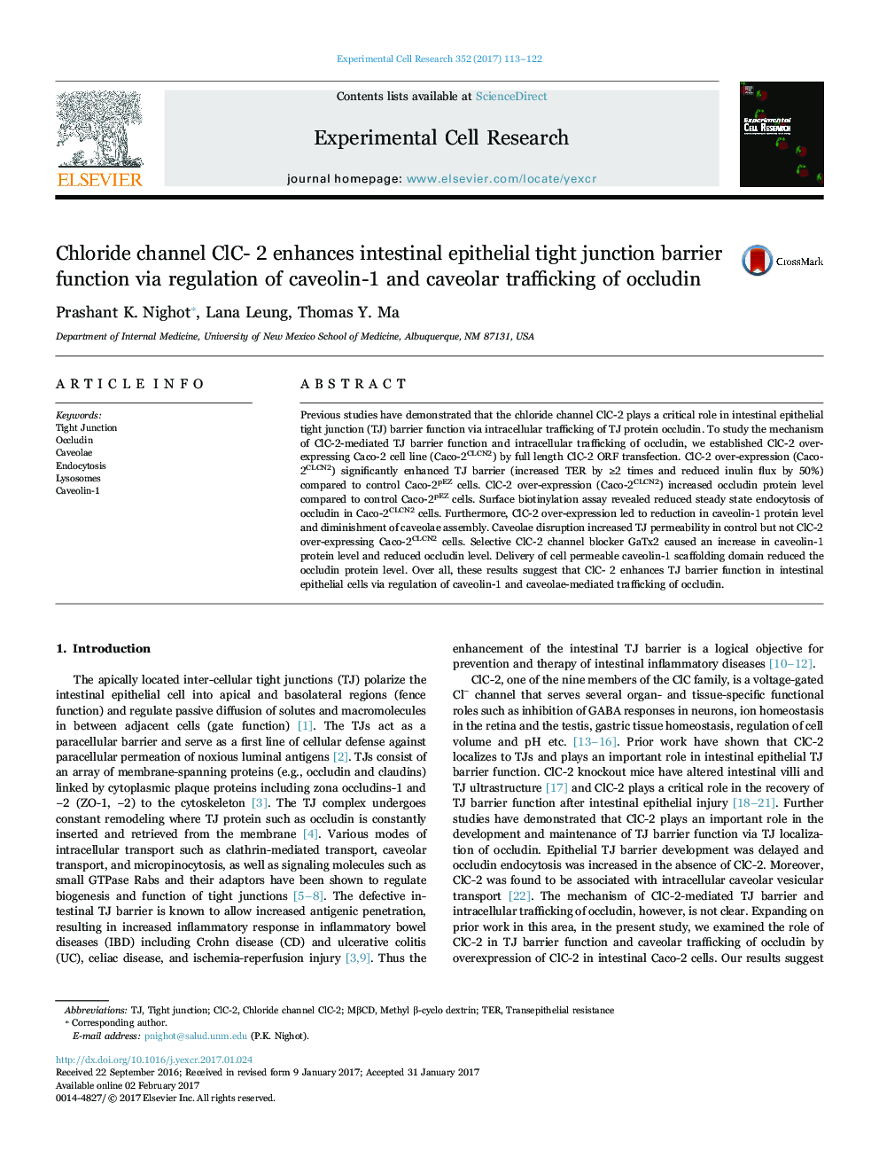 Chloride channel ClC- 2 enhances intestinal epithelial tight junction barrier function via regulation of caveolin-1 and caveolar trafficking of occludin