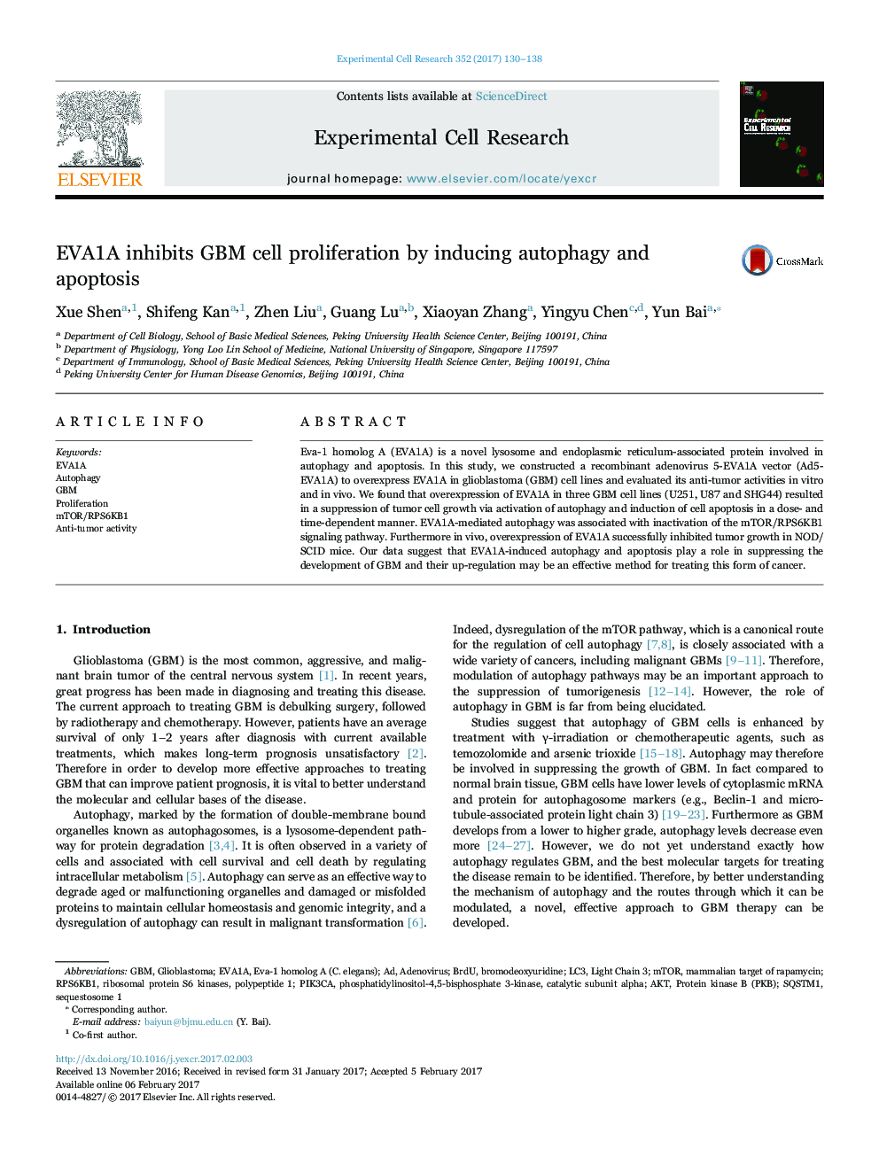 EVA1A inhibits GBM cell proliferation by inducing autophagy and apoptosis