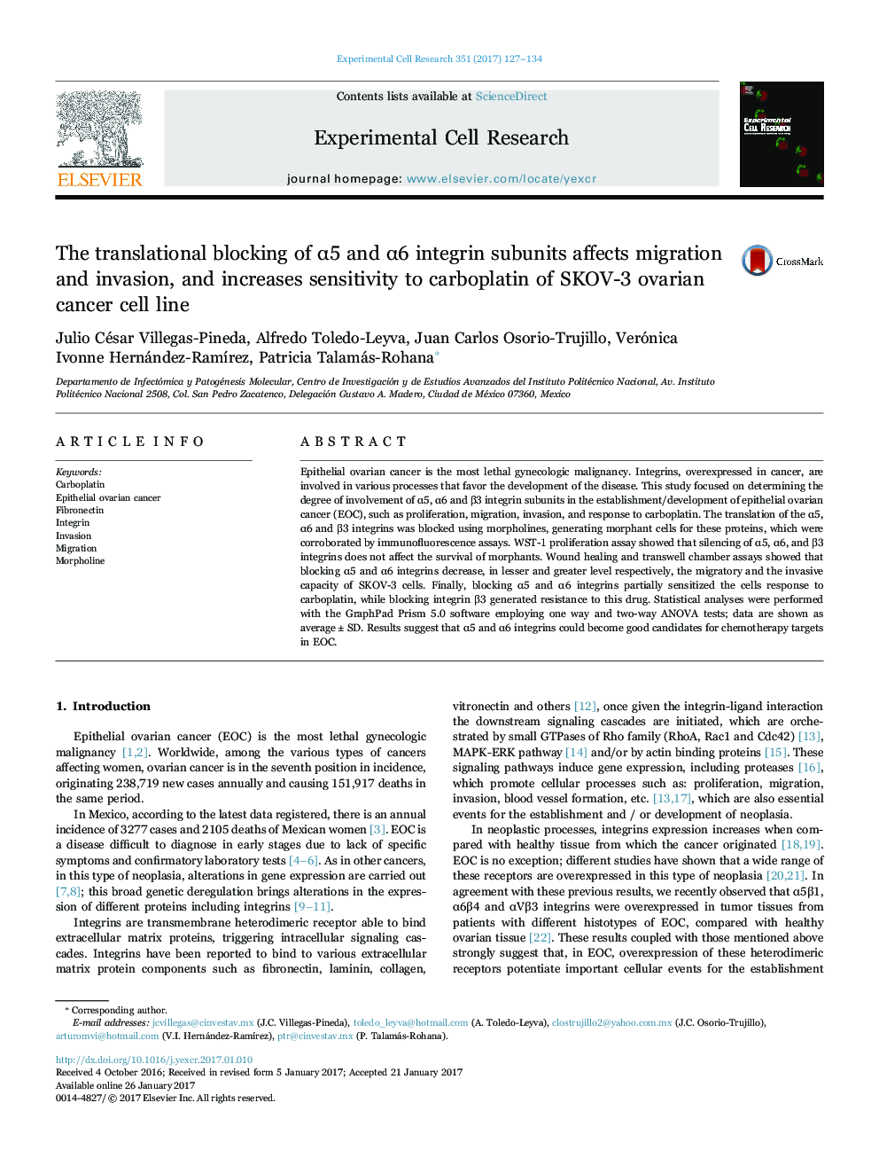 The translational blocking of Î±5 and Î±6 integrin subunits affects migration and invasion, and increases sensitivity to carboplatin of SKOV-3 ovarian cancer cell line