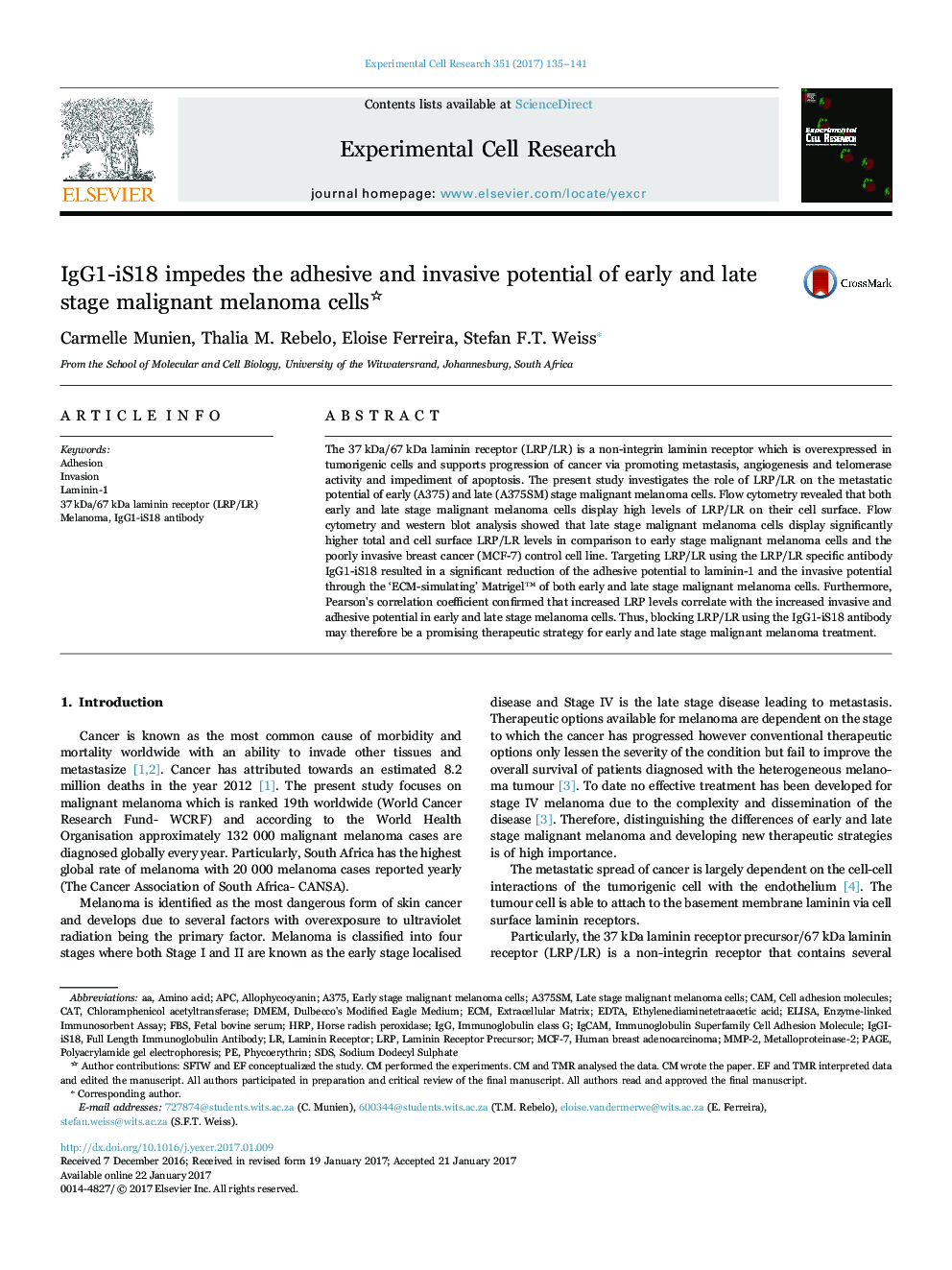 IgG1-iS18 impedes the adhesive and invasive potential of early and late stage malignant melanoma cells