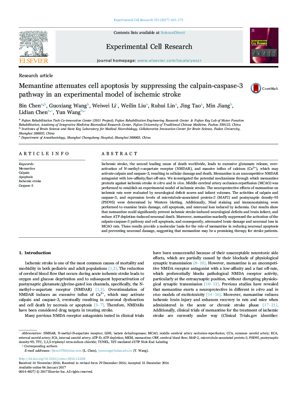 Research articleMemantine attenuates cell apoptosis by suppressing the calpain-caspase-3 pathway in an experimental model of ischemic stroke