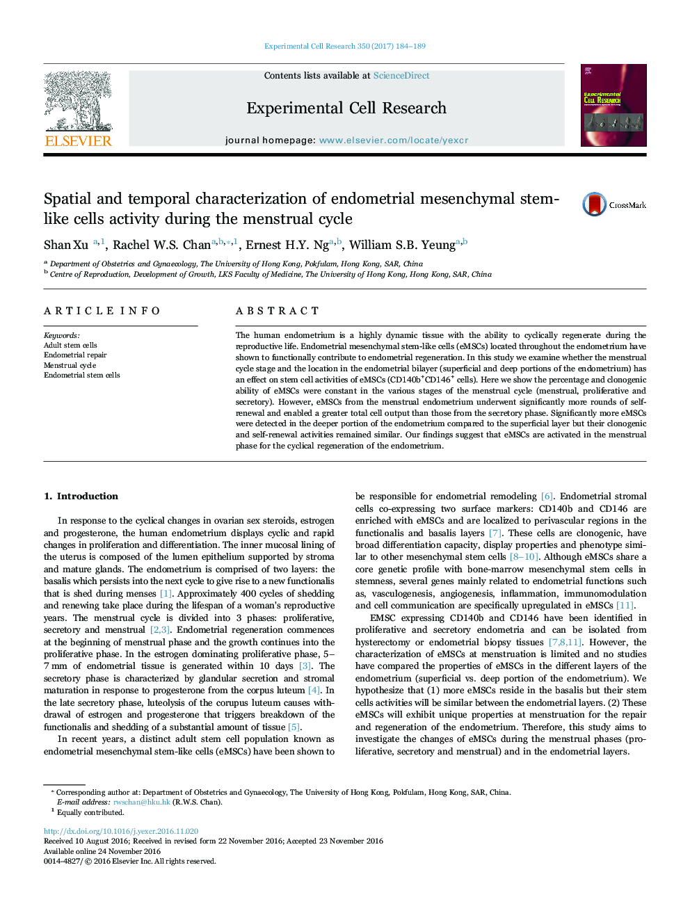 Spatial and temporal characterization of endometrial mesenchymal stem-like cells activity during the menstrual cycle