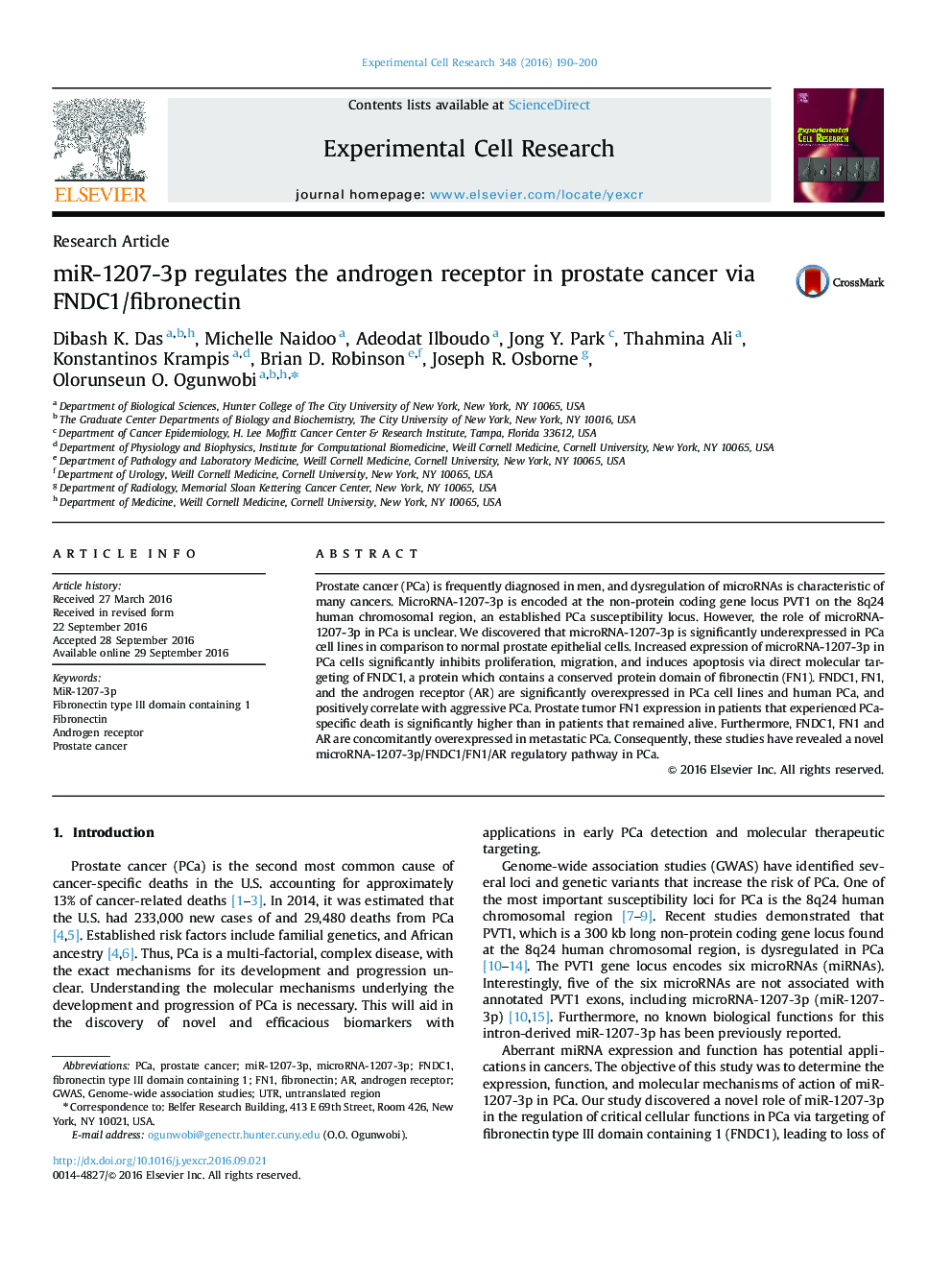miR-1207-3p regulates the androgen receptor in prostate cancer via FNDC1/fibronectin