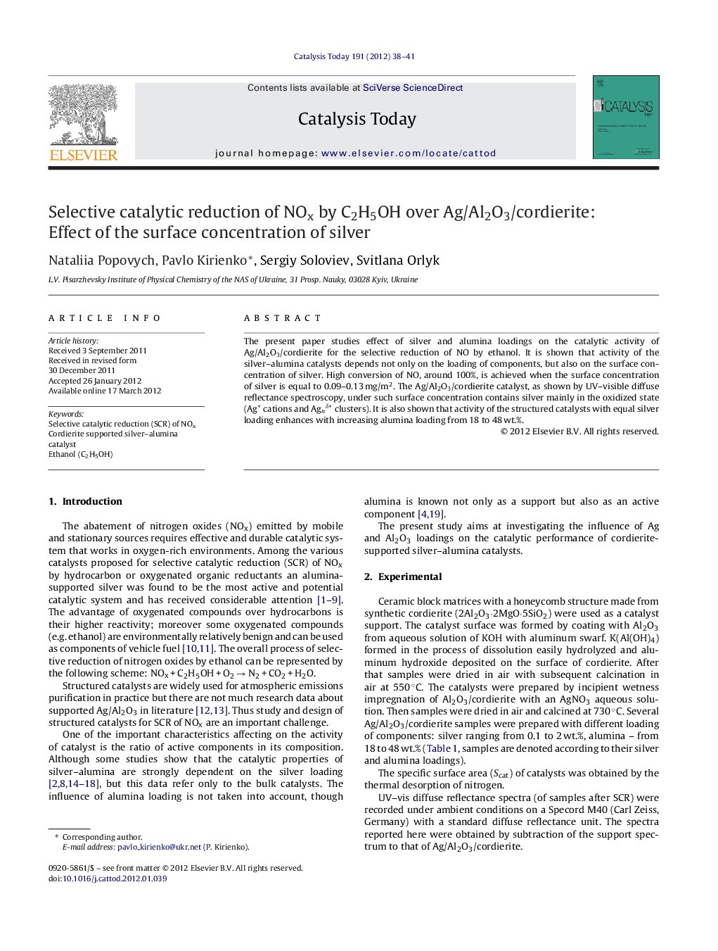 Selective catalytic reduction of NOx by C2H5OH over Ag/Al2O3/cordierite: Effect of the surface concentration of silver