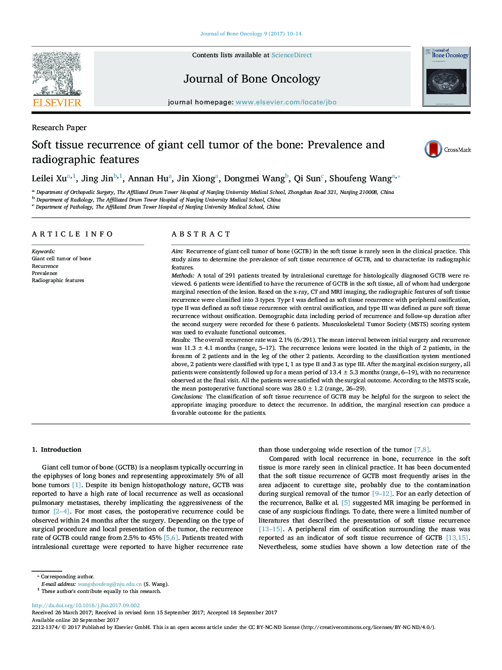 Soft tissue recurrence of giant cell tumor of the bone: Prevalence and radiographic features