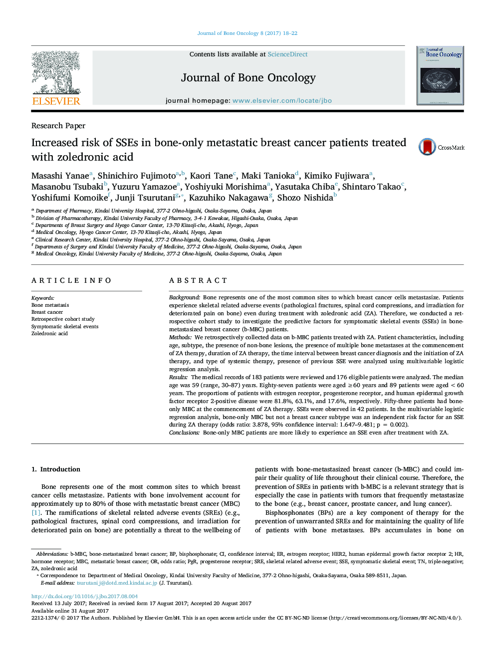 Increased risk of SSEs in bone-only metastatic breast cancer patients treated with zoledronic acid