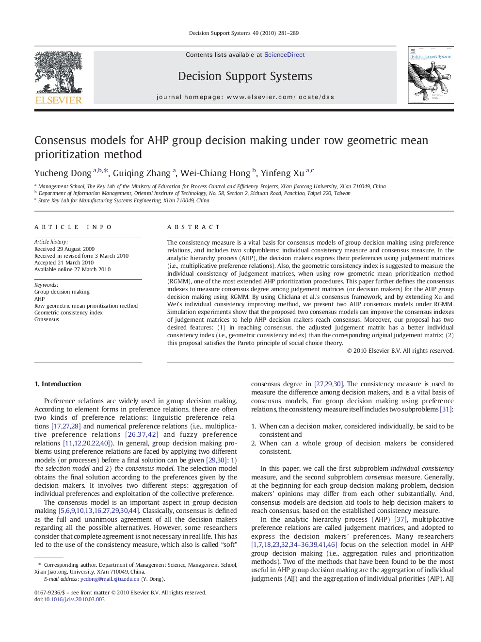 Consensus models for AHP group decision making under row geometric mean prioritization method