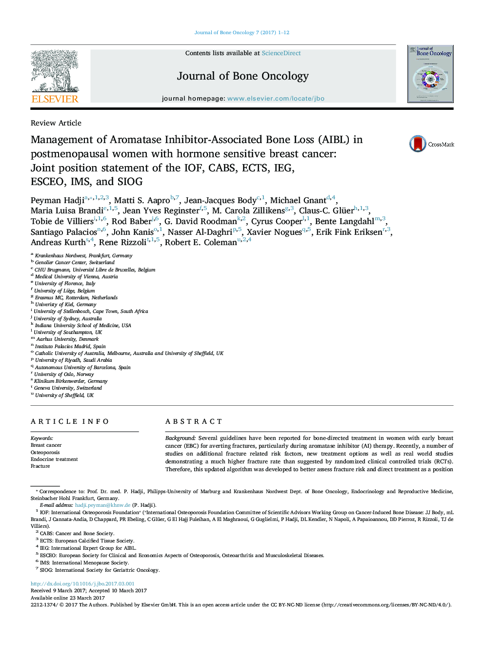 Management of Aromatase Inhibitor-Associated Bone Loss (AIBL) in postmenopausal women with hormone sensitive breast cancer: Joint position statement of the IOF, CABS, ECTS, IEG, ESCEO, IMS, and SIOG