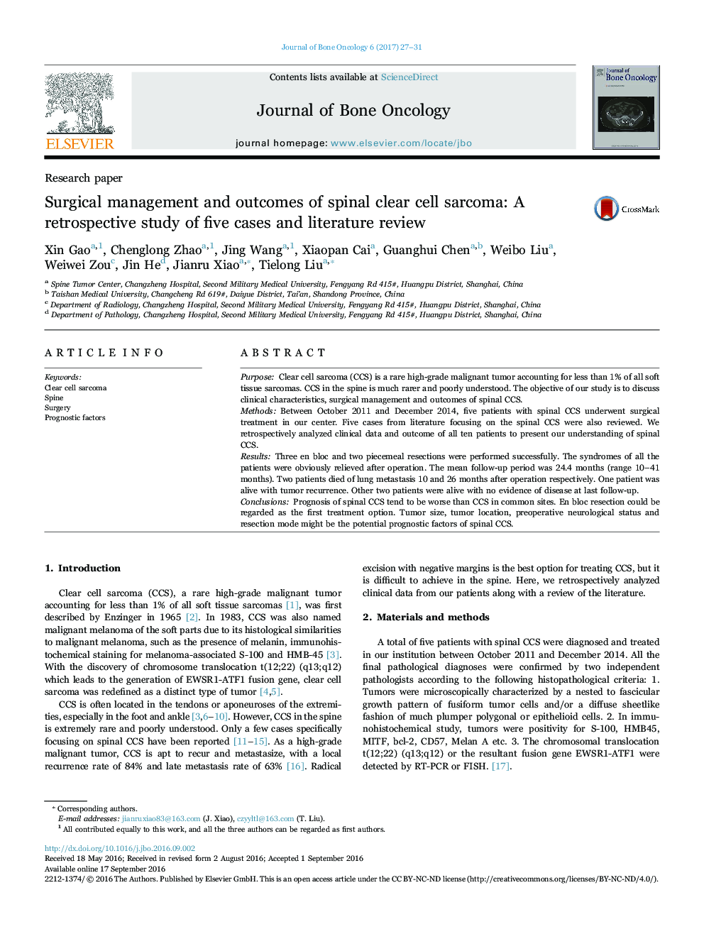 Surgical management and outcomes of spinal clear cell sarcoma: A retrospective study of five cases and literature review