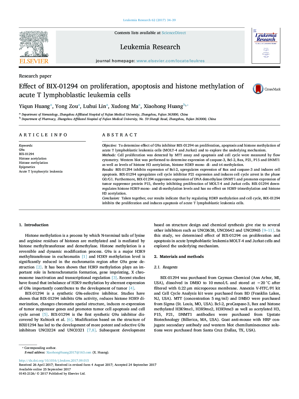 Research paperEffect of BIX-01294 on proliferation, apoptosis and histone methylation of acute T lymphoblastic leukemia cells