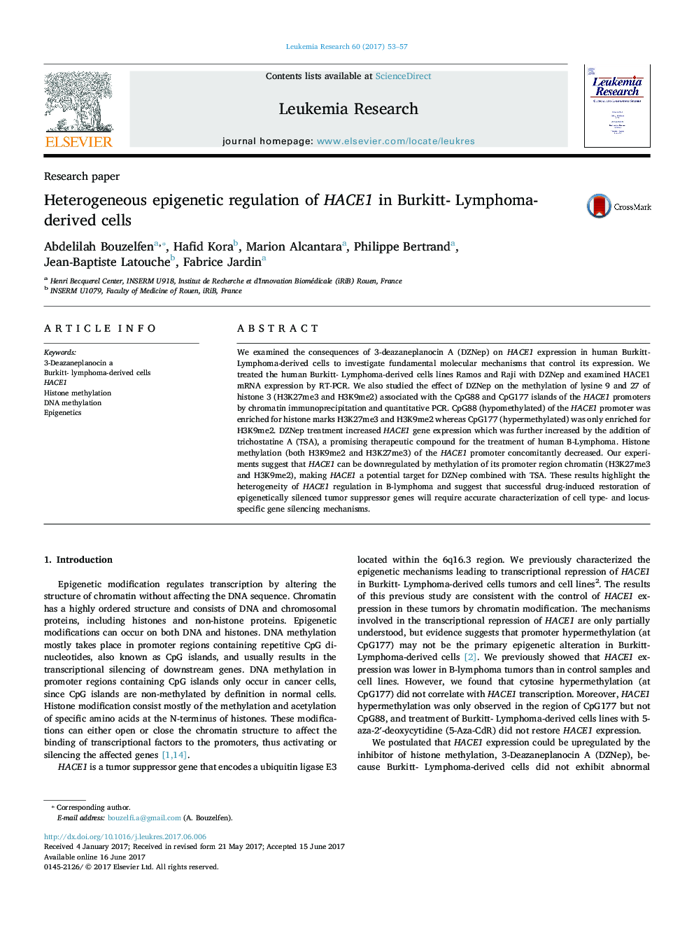 Research paperHeterogeneous epigenetic regulation of HACE1 in Burkitt- Lymphoma-derived cells