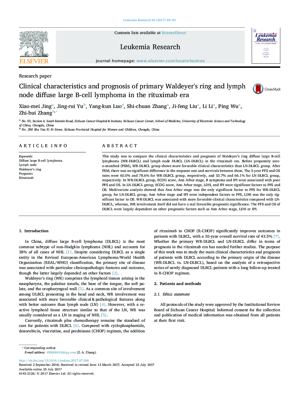 Research paperClinical characteristics and prognosis of primary Waldeyer's ring and lymph node diffuse large B-cell lymphoma in the rituximab era